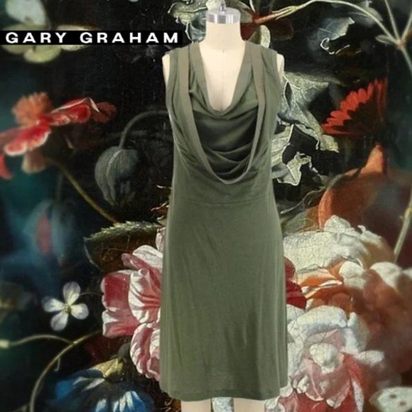 Gary Graham Dresses & Skirts - Gary Graham Green Knit Dress SZ 6 Wool Cotton Sleeveless Cowl Neck Layered Shift